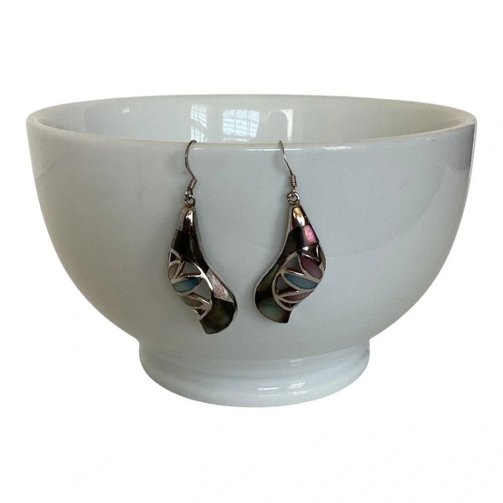 925 Sterling Silver Iridescent MOP Drop Hook Earrings Pink Blue Purple Green EUC - Picture 9 of 14